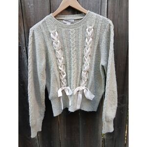 Foward Oatmeal Knit Sweater With Braided‎ Pink Satin Ribbons L